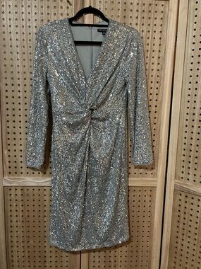 Maggy London Silver Sequin Long-Sleeve Twist-Front Dress Size 8